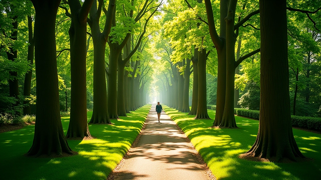Nuo aukščiau žiūrint Kairėnų arboretuma takelį su grąžiais medžiais