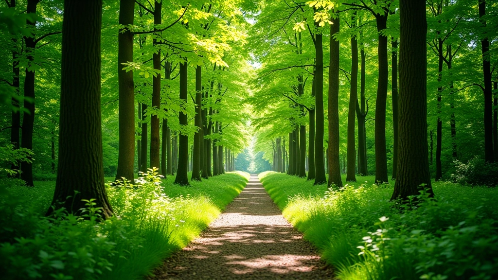 Ryti ryšys per žalią medžių arboretumą, ramūs žygiai gamtoje